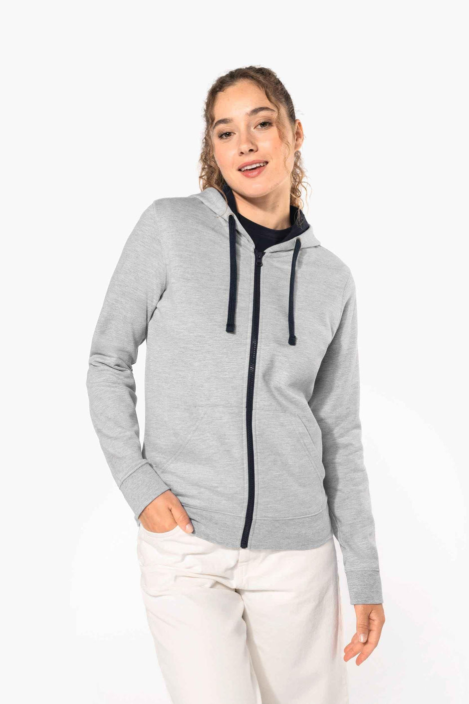 K467 - Sweat-shirt zippé capuche contrastée femme - Occifloc
