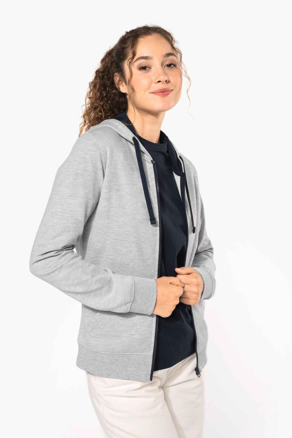 K467 - Sweat-shirt zippé capuche contrastée femme - Occifloc