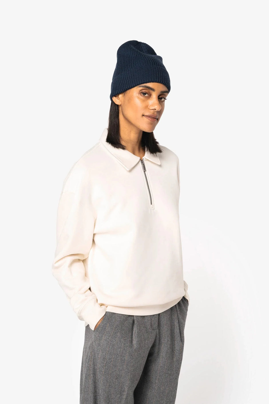 NS432 - Sweat-shirt écoresponsable quart zip col polo à épaules tombantes unisexe - Occifloc