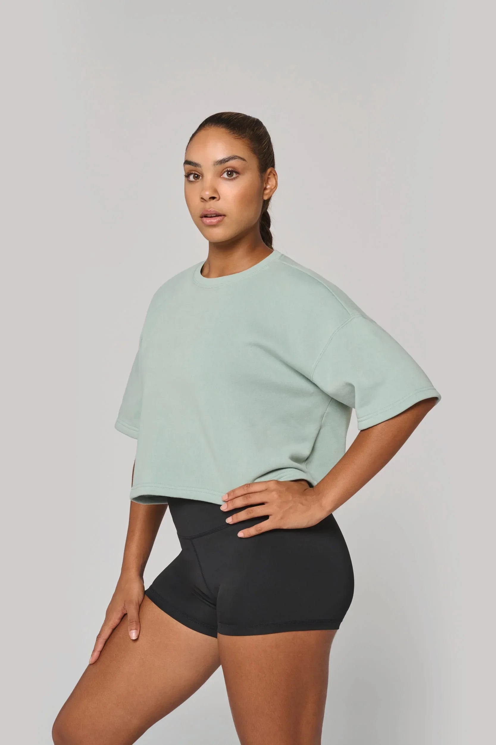 PA394 - Sweat-shirt crop à manches courtes col rond femme - Occifloc