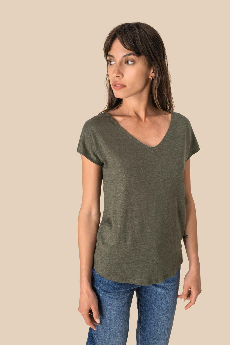SP321 - T-shirt col V en lin femme Spasso