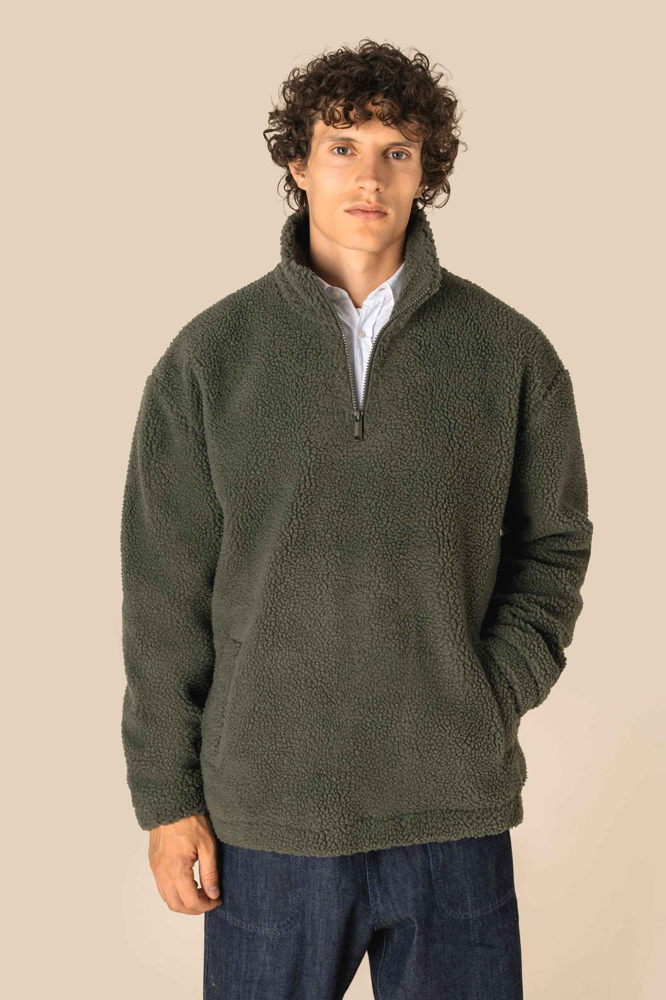 SP403 - Sweat-shirt 1/4 zip à épaules tombantes en sherpa unisexe