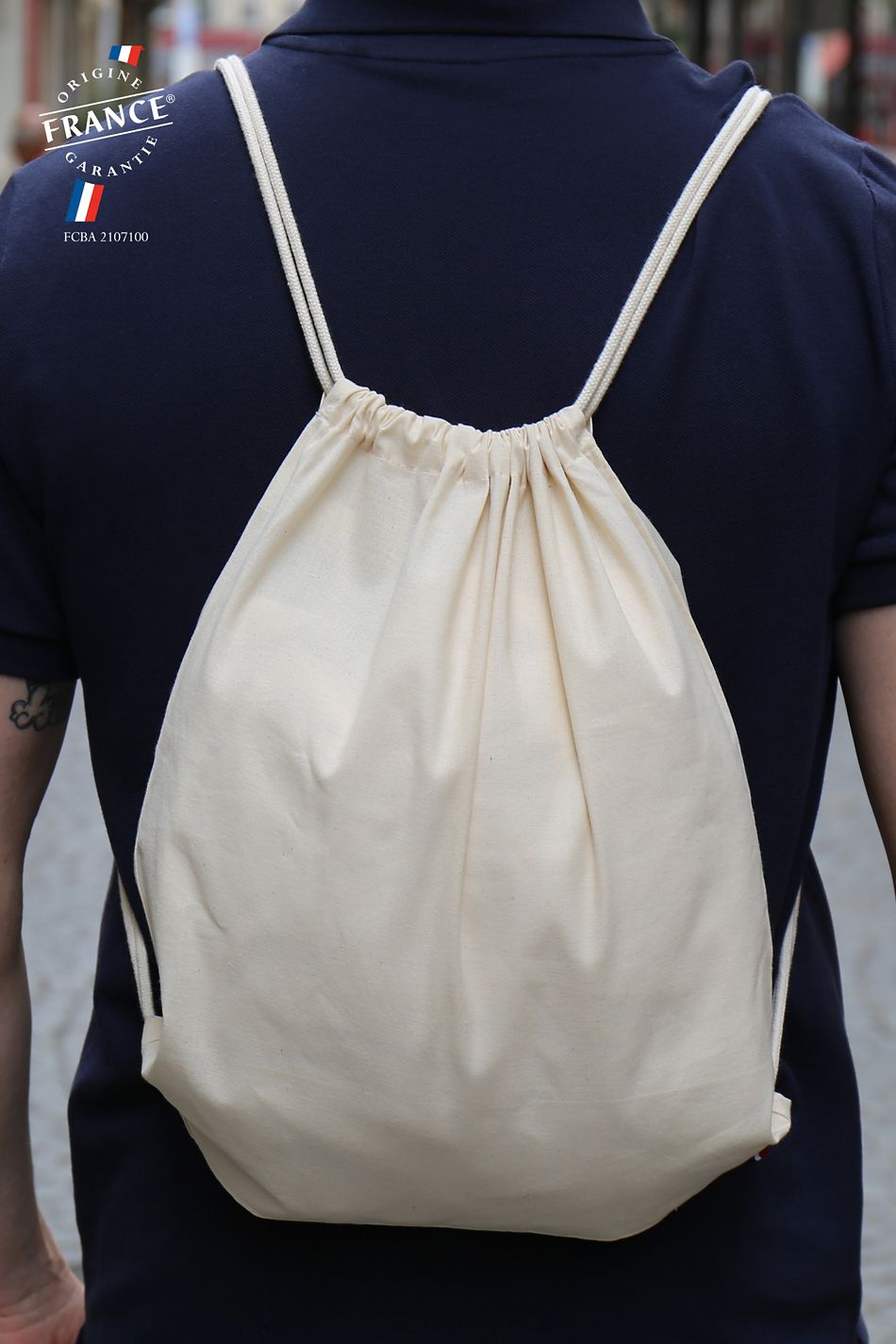 Sac à dos ATF CÔME beige, tissé en France.